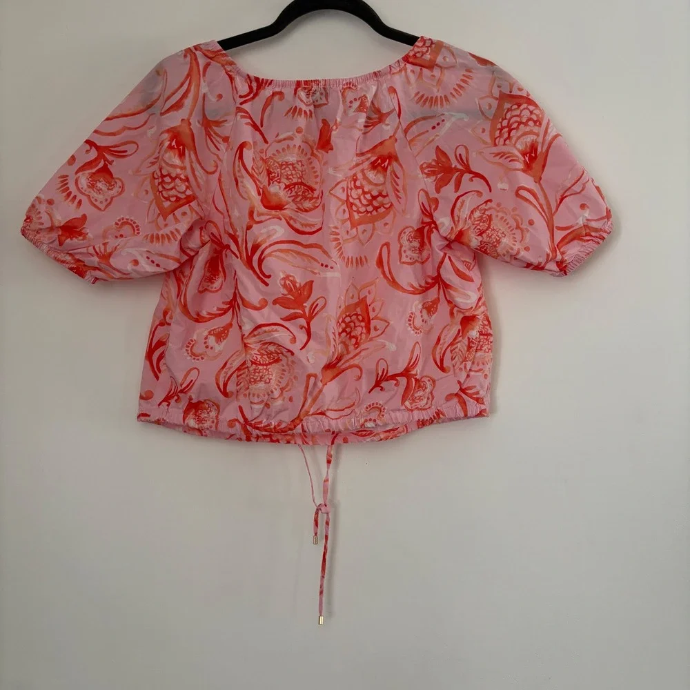 Talbots Poplin Drawcord Hem Top Jacobean Fantasia Pink Floral Tropical P Petite - Picture 6 of 6